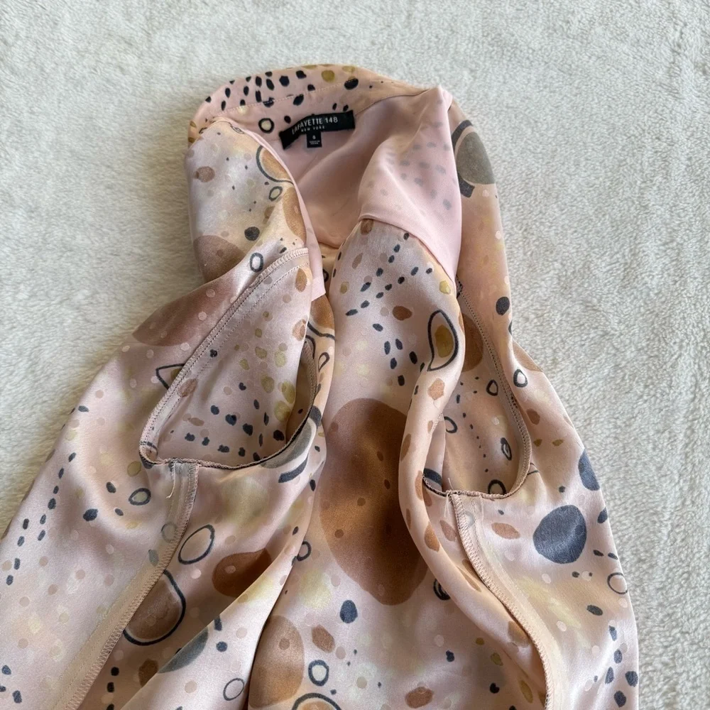 Lafayette 148 NWOT Silk Scottie Print Collar Pink Brown Long Sleeve Shirt S - Picture 9 of 11